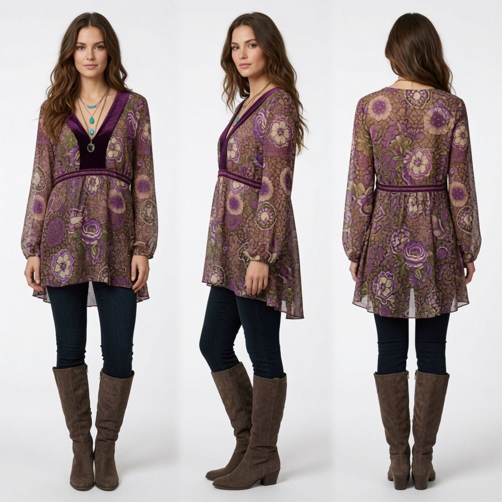 Rave Purple Paisley Velvet Trim Boho Long Sleeve V-Neck Tunic Top